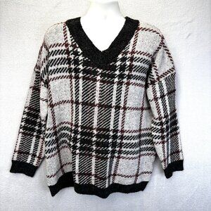 Natural Reflections Fuzzy Holiday Sweater Mens Large Red Black Plaid V Neck Knit